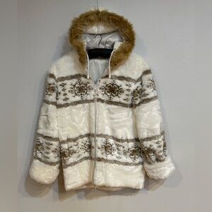Cozy Faux Fur Fully Reversible Hooded Jacket with Snowflake Pattern women’s Med